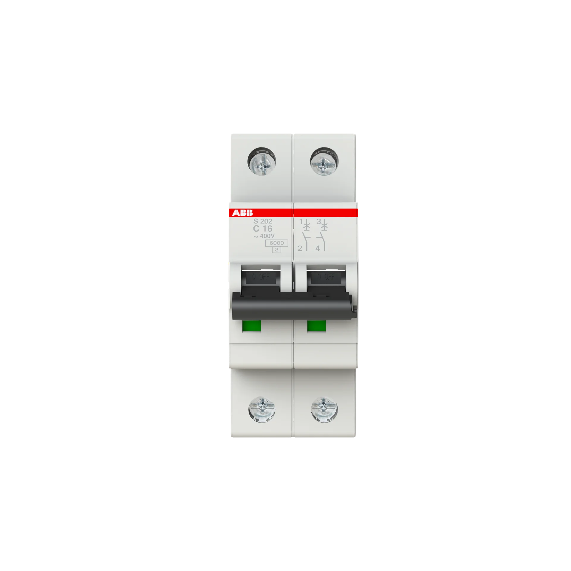 Interruptor termomagnético bipolar In 16A. Icn = 6kA @ IEC60898 Icu : 10 kA @ IEC60947-2. Curva C Modelo: S202-C16