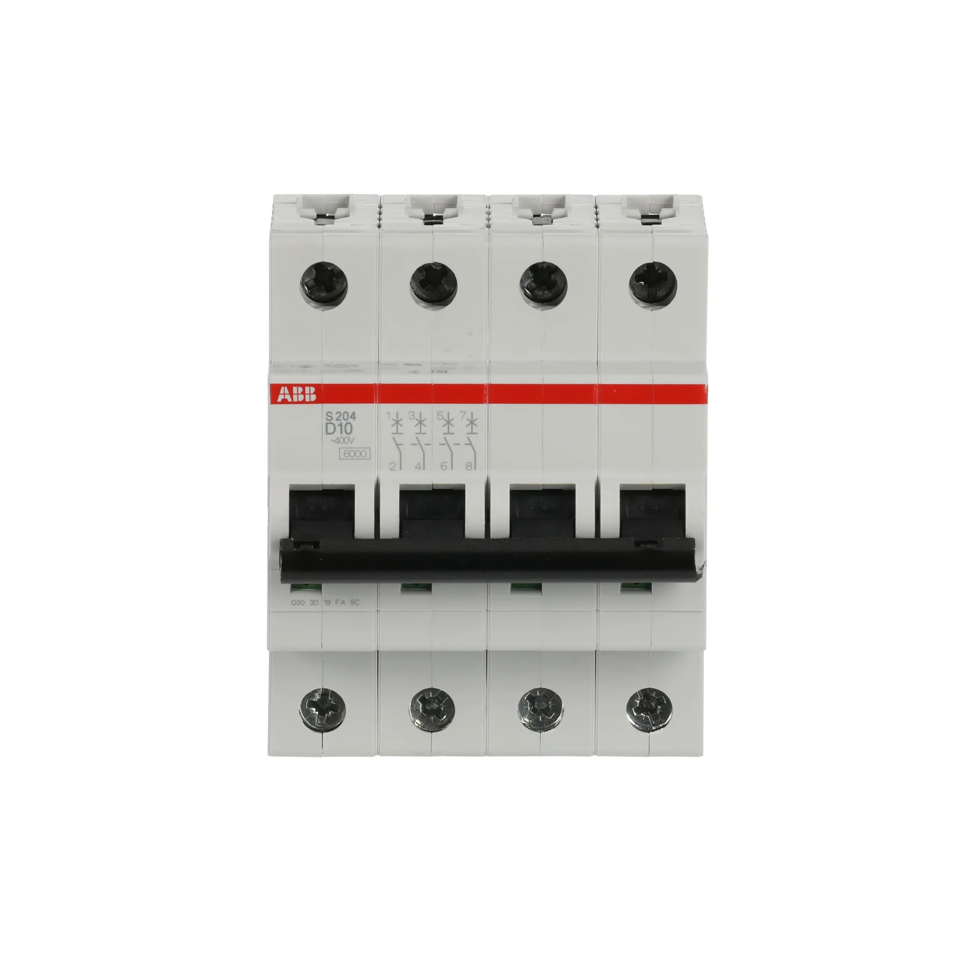 Interruptor termomagnético tetrapolar In 10A Icn = 6kA @ IEC60898 Icu : 10 kA @ IEC60947-2 Curva D Modelo: S204-D10
