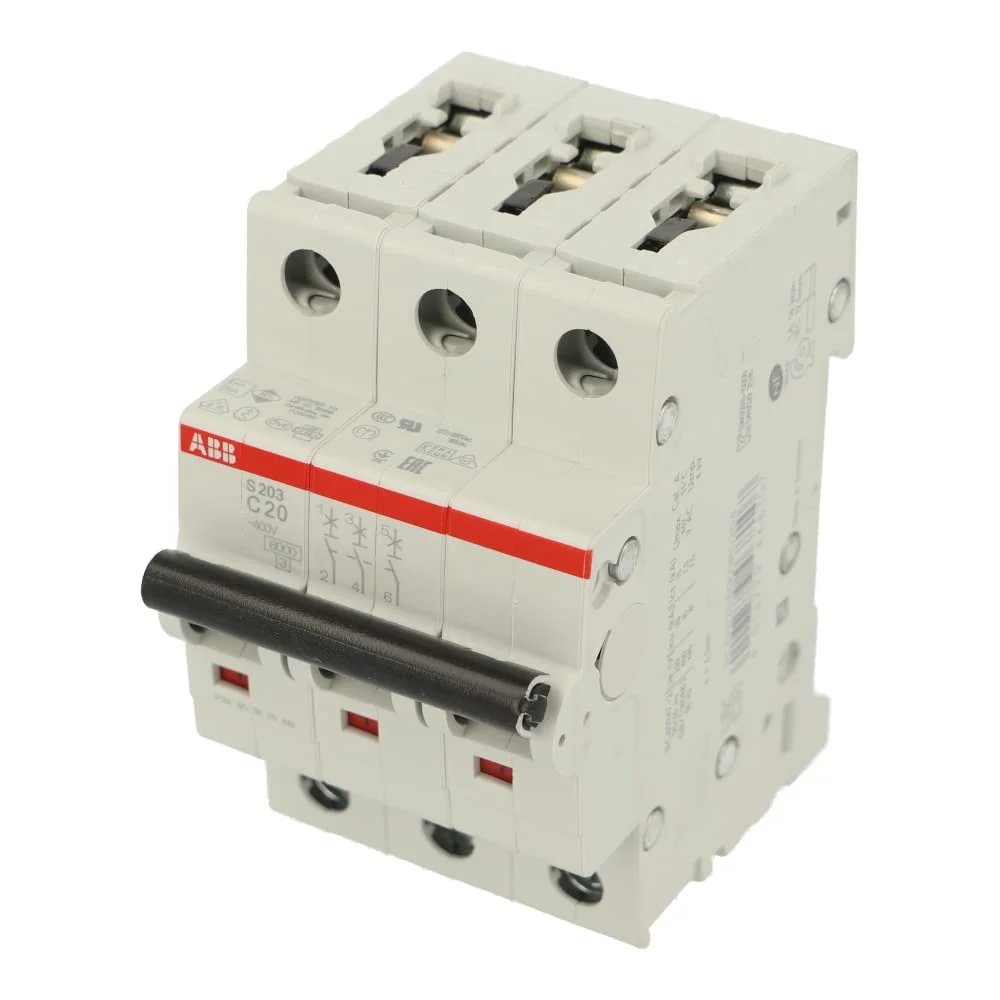 Interruptor termomagnético tripolar In 20A. Icn = 6kA @ IEC60898 Icu : 10 kA @ IEC60947-2. Curva C Modelo:S203-C20