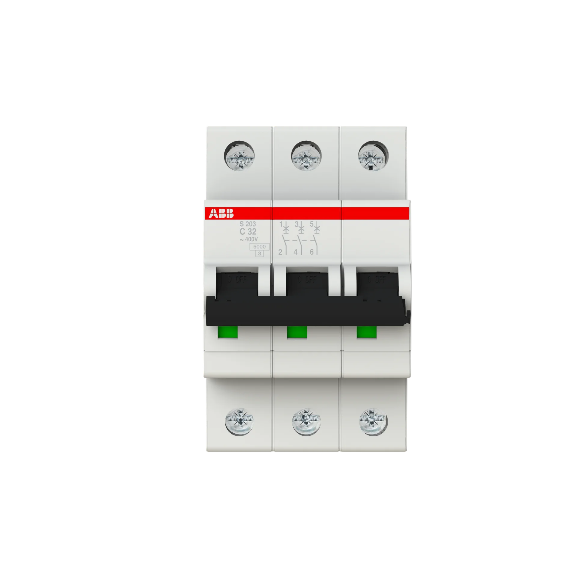 Interruptor termomagnético tripolar In 32A. Icn = 6kA @ IEC60898 Icu : 10 kA @ IEC60947-2. Curva C Modelo:S203-C32