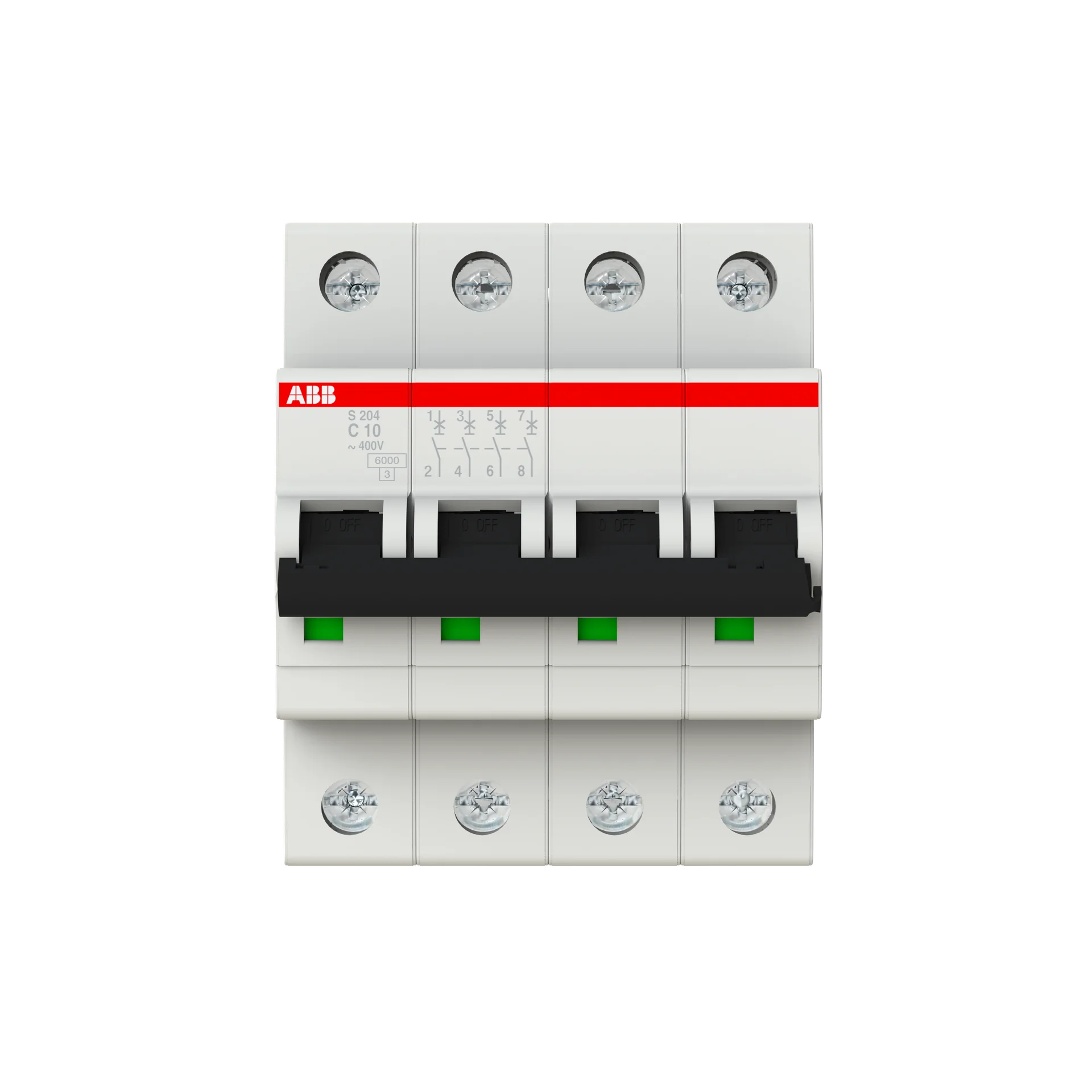 Interruptor termomagnético tetrapolar In 10A. Icn = 6kA @ IEC60898 Icu : 10 kA @ IEC60947-2. Curva C Modelo:S204-C10