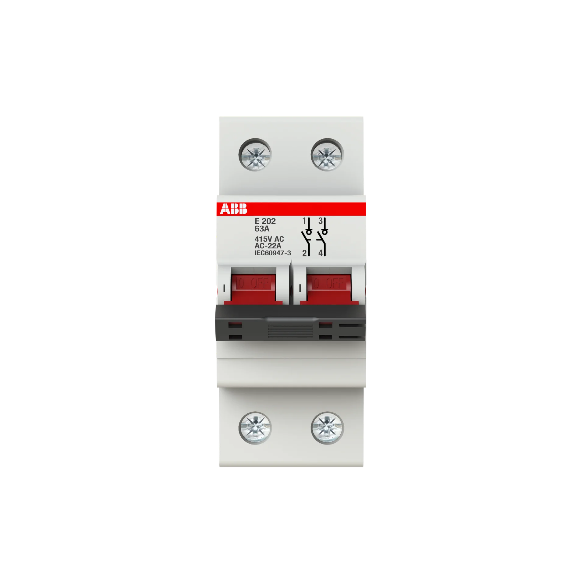 Seccionador de línea bipolar In 63, Maneta Roja, Fijación DIN Modelo:E 202/63r    