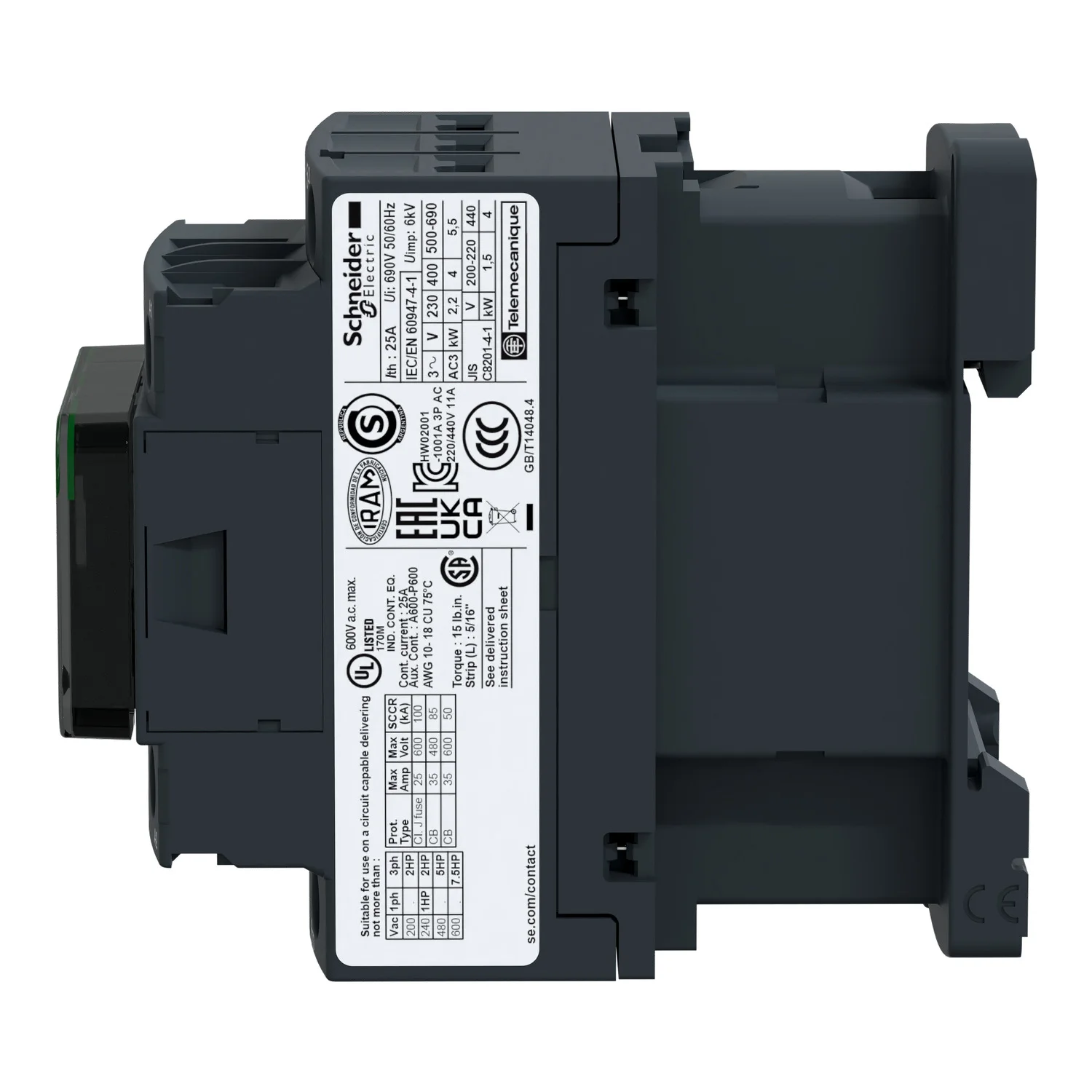 Contactor Tripolar (1na+1nc) TeSys D 9A 24Vca 50/60Hz - Vista 3 de 3
