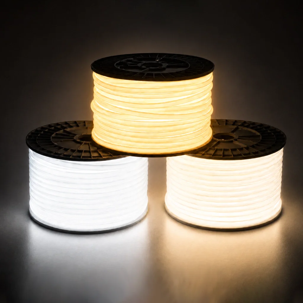 Tira LED NEON flexible Longitud: 50 m LED: 2835 / 120D Especificación: corte cada 100 cm / 220 V / 0,8 cm Arranque: con driver / incluye un cable de alimentación Perfil: 6 × 12 cm Temperatura de color: 3000 K